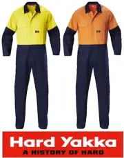 HARD YAKKA - MENS HI VIS LONG SLEEVE 100% COTTON DRILL 2 TONE OVERALLS - Y00270
