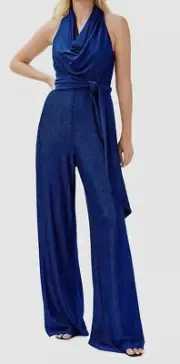 $295 Aidan by Aidan Mattox Women's Blue Cowl Neck Metallic Knit Jumpsuit Size 10