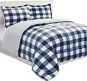 Elegant Comfort 3-Piece Buffalo Lodge-Plaid Comforter Set, Luxurious, Heavyweight, All Season, Down Alternative-Micromink Sherpa-Backing Reversible Micro-Suede, Soft and Plush, Twin, Navy Blue/White
