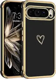 [VENINGO] Google Pixel 9 Pro XL Case, Compatible with Wireless Charging Heart Pattern Slim Lightweight Soft TPU Raised Edge Protection, Shock-Absorbent Scratch-Resistant Non-Slip Grip Cover - Black