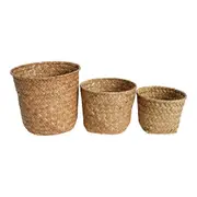 3pc Woven Straw 15/16/20cm Storage Tub Set Home/Laundry Basket Organiser Natural