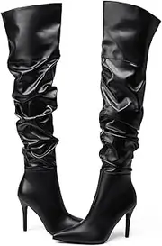 [Feinlina] Black Over The Knee Thigh High Boots for Women Sexy Pointed Toe Side Zipper Leather Pleaser Boots