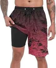 [FT FENTENG] Mens Swim Trunks with Compression Liner 9" Board Shorts 2 in 1 Quick Dry Beach Swimwear Bathing Suits for Men