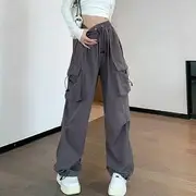 High Waist Plain Drawstring Cargo Baggy Pants Gray - M