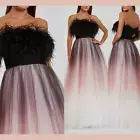 NWT Mac Duggal [ 6 ] 20557 Ombre Strapless Feather Bodice Tulle Gown Black J1604