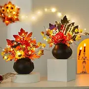 Halloween Fall Desktop Ornament Faux Pumpkin, Maple Leaves, Pinecones, and LED Light Harvest Festival Decor for Halloween, Spooky Fall Display, Autumn Home Dec