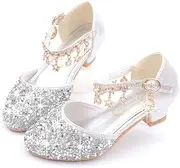 outret Little Kids Girls Dress Pumps Glitter Sequins Princess Low Heels Mary Jane Party Dance Shoes Rhinestone Sandals Silver
