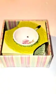 Hallmark Adorable Glass Wicker Design Tea Cup & Saucer With Green Foral Bee By: