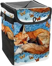 Car Trash Can with Lid and Storage Pockets Leak-Proof Organizer,Waterproof Garbage Can,Watercolor Fox and Butterfly