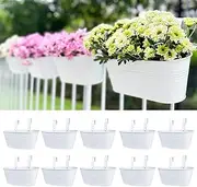 LaLaGreen Outdoor Rail Planter (10 Pack, 9.8 Inch) Small and Cute White Metal Iron Hanging Flower Pot Deck Railings Fence Buckets Countryside Style Wall Mount Window Box Plant Holder Hooks Porch Decor