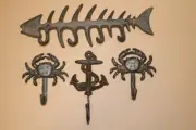 Beach Cottage Coat Hooks Fathers Day Gift Set, Cast Iron Wall Hooks Sea Memories