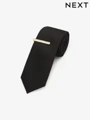 Black/Gold Slim Textured Tie And Clip Set (T79825) | $25