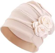 [Pichcppo] Womens Organic Cotton Chemo Head Scarf Ethnic Cloth Print Turban Headwear Ruffle Beanie Sleeping Cap Hat Stretch Flower Muslim Headscarf,Cotton Chemo Headwear Pink