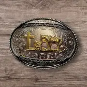 Christian Cowboy Belt Buckle For Man 4 3/8" x 3 1/8" Silver Tone/Black/Gold