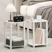 [Furinno] Simplistic Compact Bedside Table, Nightstand, White/White, Set of 2