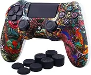 YoRHa Water Transfer Printing Camouflage Silicone Cover Skin Case for Sony PS4/slim/Pro dualshock 4 controller x 1(Beasts) With Pro thumb grips x 8