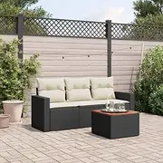 4 Piece Black Rattan Garden Sofa Set with Cushions for Patio and Outdoor Spaces - Durable PE Rattan Furniture with Storage, Modular Design, and Easy-Clean Acacia Wood Table - Ideal