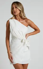 Harper Mini Dress - Linen One Shoulder Gathered Wrap Waist Dress in White