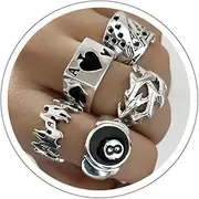 [TUCEWP] 5pcs Gothic Punk Rings Hip Hop Poker Cards Ring Vintage Spade Flush Playing Cards Band Billiard 8 Ball Signet Lucky Gothic Biker Ring Stainless Steel Tree Vine Branch Crown of Thorn Lucky Ring,