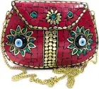 Mosaic Metal Clutch Bag, Maroon with Evil Eye Design, Gold Chain Strap