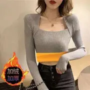 Women's Thermal Tops: Long-Sleeve Square-Neck Fleece Lined Plain Knit Top With Lining - Gray - L