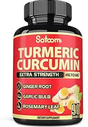 SATOOMI 6in1 Turmeric Curcumin 4670mg with Black Pepper - 90 Capsules 3-Month Supply -Combined Ginger Root, Garlic Bulb, Rosemary- Healthy Joint & Muscle, Digestive And Immune System Support
