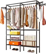 6 Tier Garment Rack with 2 Hanging Rods and Side Hooks - Black
