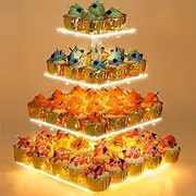 4 Tier Cupcake Stand Acrylic Tower Display with LED Light String, Cupcake Tray Holder Dessert Cake Tree Tower Pastry Stand for Birthday Cady Bar Décor Weddings Parties Events