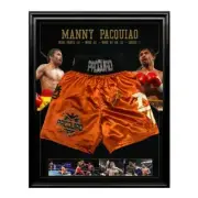 MANNY PACQUIAO HAND SIGNED FRAMED BOXING TRUNKS ALI TYSON FRAZIER MAYWEATHER