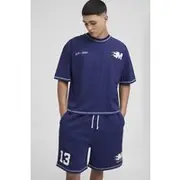 Mens Navy Oversized Boxy Applique Drop Crotch T-Shirt & Short Set