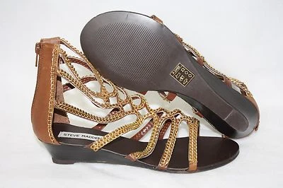 NEW Womens STEVE MADDEN P-Zipee Cognac Gold Gladiator Strap Wedge Sandals Shoes