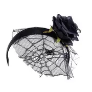 2Pcs Fashion Women Girl Simulate Rose Flower Spider Web Mesh Hairbands for Halloween black