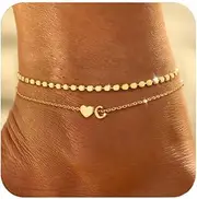 [Honsny] Initial Ankle Bracelets for Women Waterproof 14K Gold Plated Layered Anklets for Women Non Tarnish Dainty Heart Letter A-Z Ankle Bracelets Handmade Adjustable Summer Beach Gold Anklet Jewelry