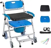 Folding Bedside Commode Commode Toilet Chair Wheeled Commode Toilet Chair Transport Wheelchair with Footrest for Bedroom with Wheels Shower Chair for Elderly Load Capacity 220 Lbs
