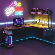 Advwin L Shaped Gaming Desk with LED Lights & Power Outlets Reversible Computer Desk Corner Study Table w/ Pegboard & Shelf Walnut