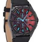 DIESEL Framed Mens Chronograph Watch, Iridescent Red Blue Dial, Black Leather
