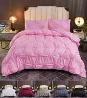 Plain Pintuck Pleated Quilt Doona Duvet Cover Set Pillowcase Super King Size Bed