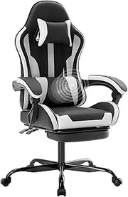 WOTSTA Gaming Chair Office Chair PC Chair with Massage Lumbar Support, Racing Style PVC Leather High Back Adjustable Swivel Task Chair with Footrest (Blackwhite)