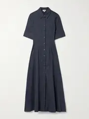[STAUD] STAUD - Joan Linen-blend Chambray Midi Shirt Dress - Navy - US12 US 12 Blue