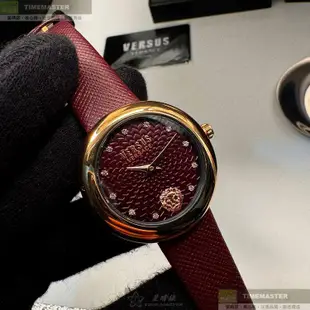 VERSUS VERSACE凡賽斯精品錶,編號：VV00375,36mm圓形玫瑰金精鋼錶殼酒紅色錶盤真皮皮革酒紅色錶帶