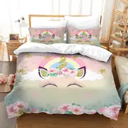 Happy Smiling Unicorn Quilt Doona Duvet Cover Pillow Case Set