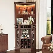 Corner Bar Cabinet, 72.4" Tall Wine Cabinet with LED Light & Tempered Glass Rack, Home Bar Liquor Cabinet & Coffee Bar with Barn Door & Adjustable Shelf for Living Room, Dining Room, Red Walnut