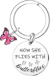 [Nfyxcaz] Sympathy Gift Remembrance Gifts Memorial Keyring for Women Memorial Gifts for Loss of Mum Grandma Sister Daughter Friends Now She Flies with Butterflies, Silvery, One Size