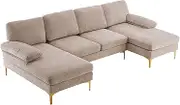 U-Shaped Sectional Sofa, Chenille Fabric Modular Sofa with Chaise Lounge and Golden Metal Legs, Upholstered Sectional Couch 4-Seat Accent Sofa with Wide Back & Armrests for Living Room Apartment