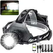 LED Rechargeable Headlamp 90000 High Lumen, XPH70 Brightest LED Work Headlight Zoomable, Waterproof, 90° Adjustable, 5 Modes Lightweight Head Lamp for Adult Camping, Hard Hat, Hunting