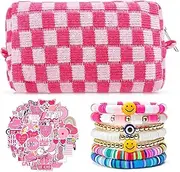 58 Pcs Checkered Makeup Bag Set Preppy Aesthetic Cosmetic Bag Travel Makeup Pouch Toiletry Bag 7 Pcs Heishi Surfer Bracelets with 50 Pcs Cute Preppy Stickers for Women Girls Teens Gift, 01 Pink