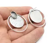 Hammered Disc Oval Silver Earring Set Base Wire Antique Plated Brass G27184