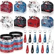 Faccito 40 Pcs Spider Web Birthday Party Decoration Set Include 8 Spider Party Favor Boxes Gifts Bags with Handles 12 Rubber Bracelets Wristband 12 Silicone Keychain 8 Spiderweb Cards