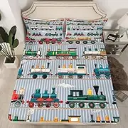 Erosebridal Kids Train Fitted Sheet Twin Size for Boys Girls Colorful Steam Engine Train Bedding Set Cartoon Train Transportation Bed Sheets with 1 Pillow Case,Gray, Green, Blue, Yellow, White
