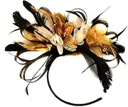 [Caprilite] Black Gold and Cream Feather Hair Fascinator Headband Wedding Royal Ascot Races